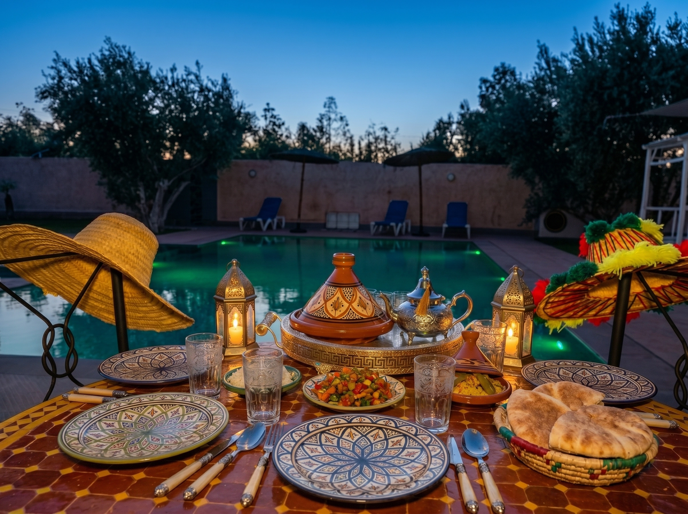 Outdoor dinner table under olive trees